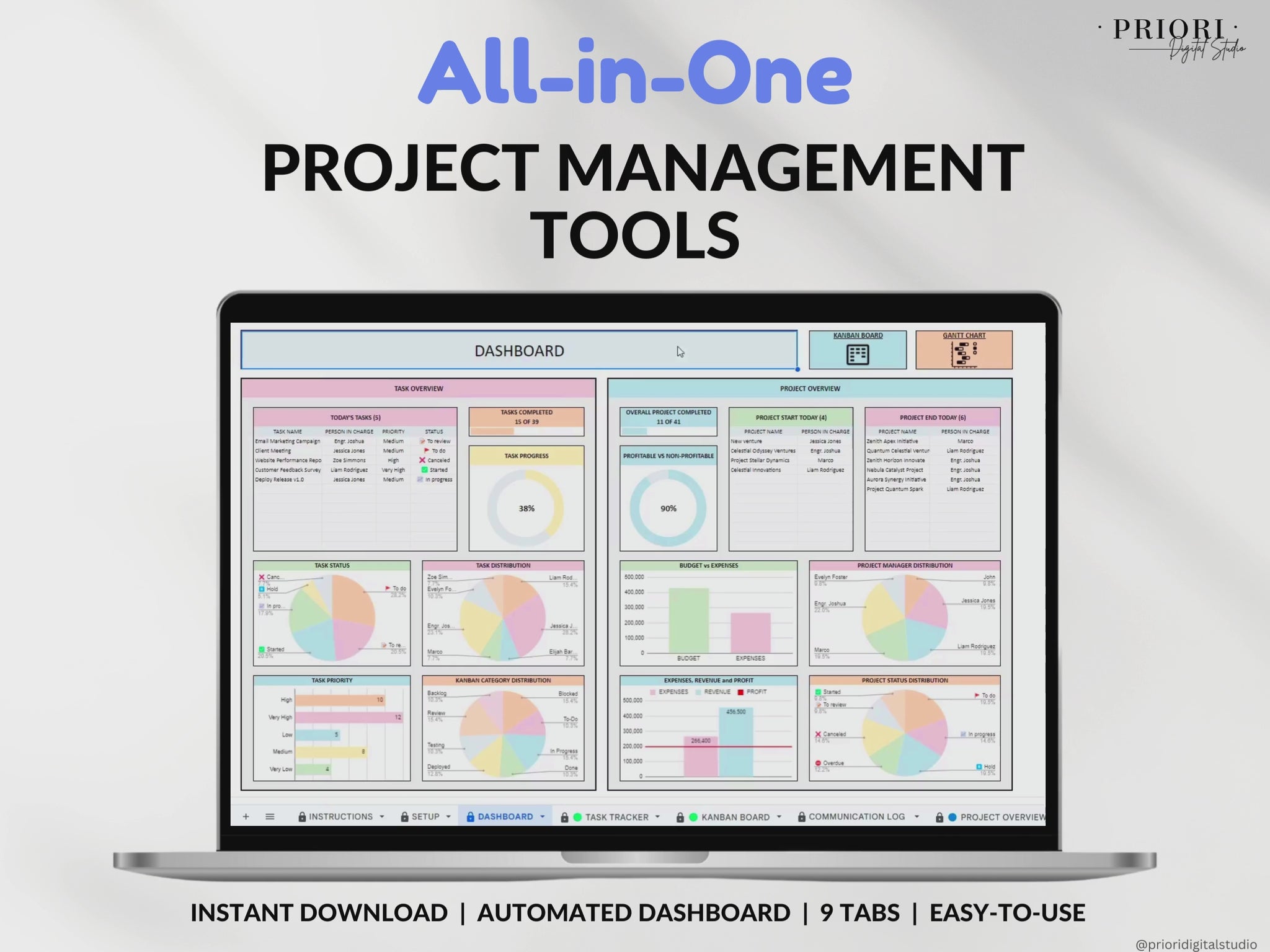 Project Management Tool for Small Business Project Planner Task Tracker To-Do List Template Gantt Chart Business Planner Kanban Board Excel Google Sheets