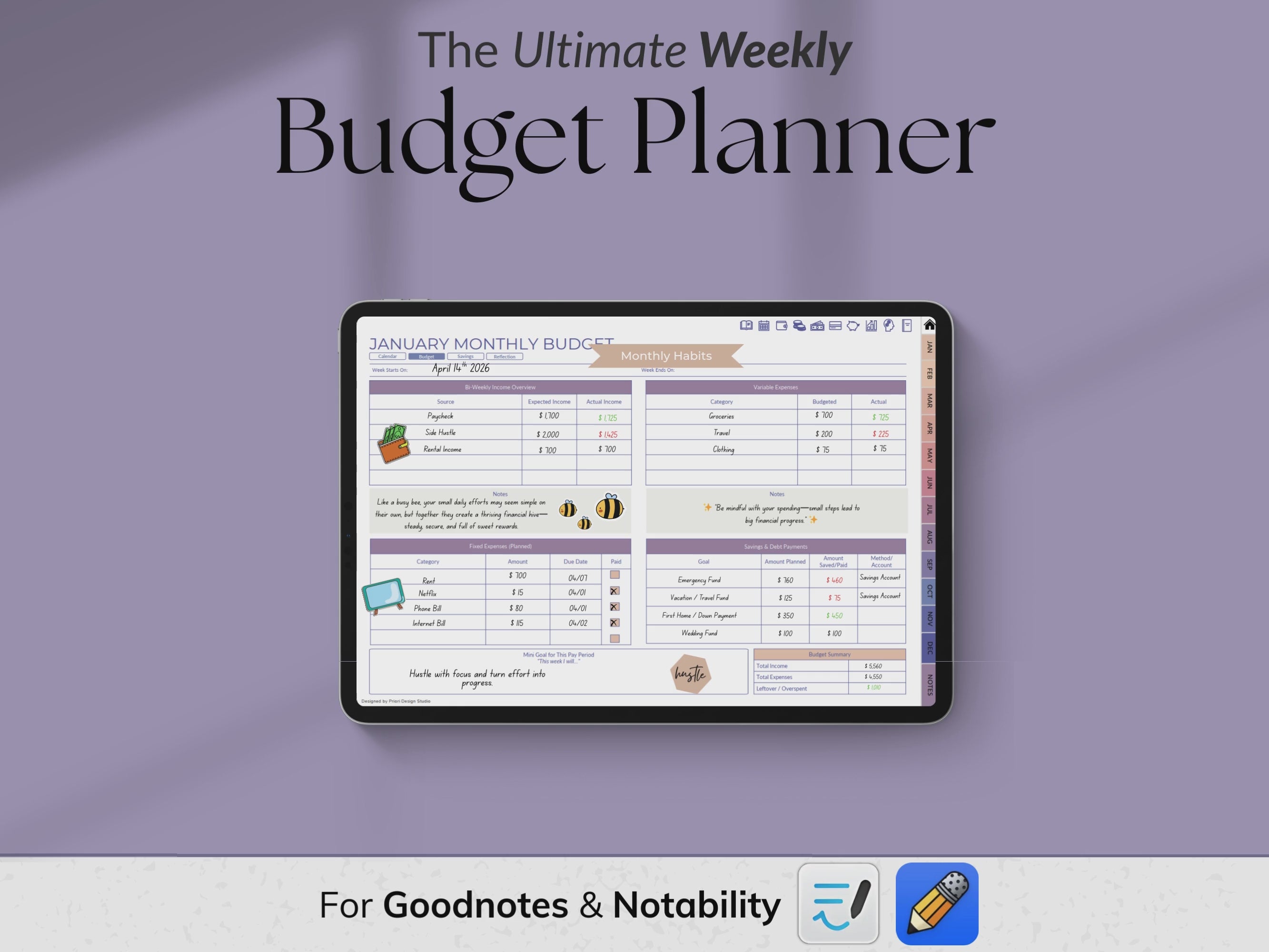 Weekly Budget Planner app on a tablet with a stylus, on a light gray background.