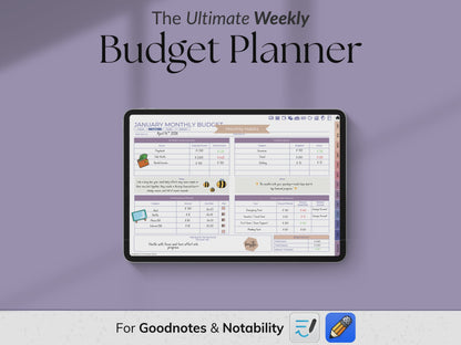 Weekly Budget Planner app on a tablet with a stylus, on a light gray background.