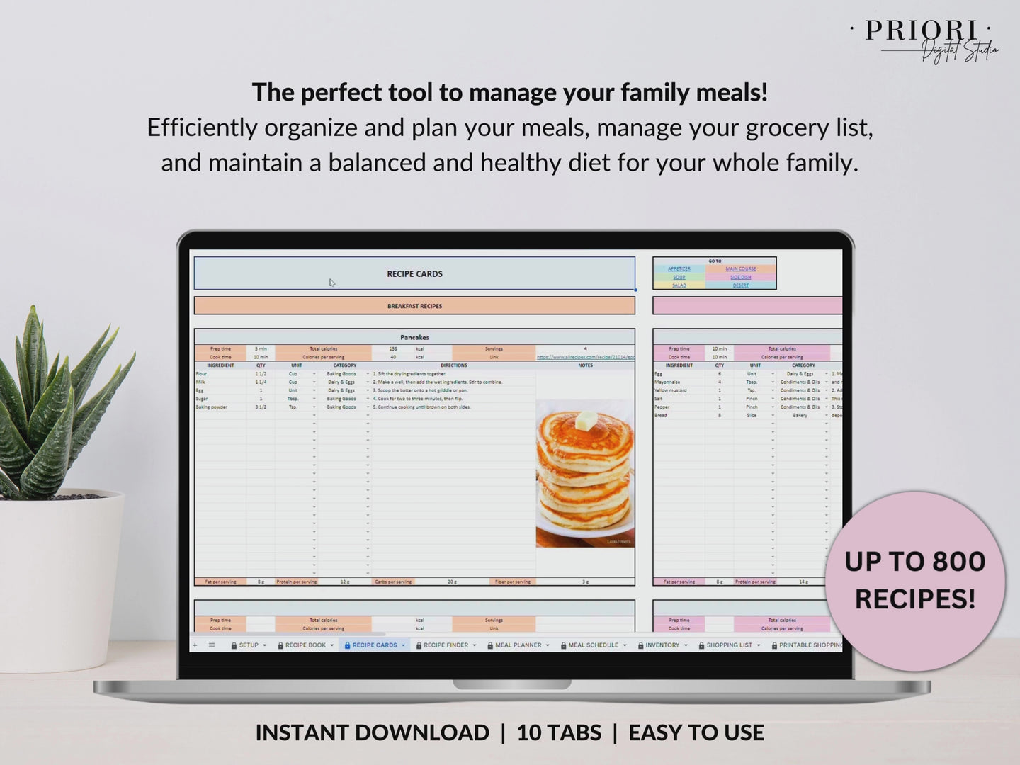 Weekly Meal Planner Spreadsheet Google Sheets Excel Recipe Journal Calorie Tracker Automatic Grocery List Weight Loss Tracker Food Inventory