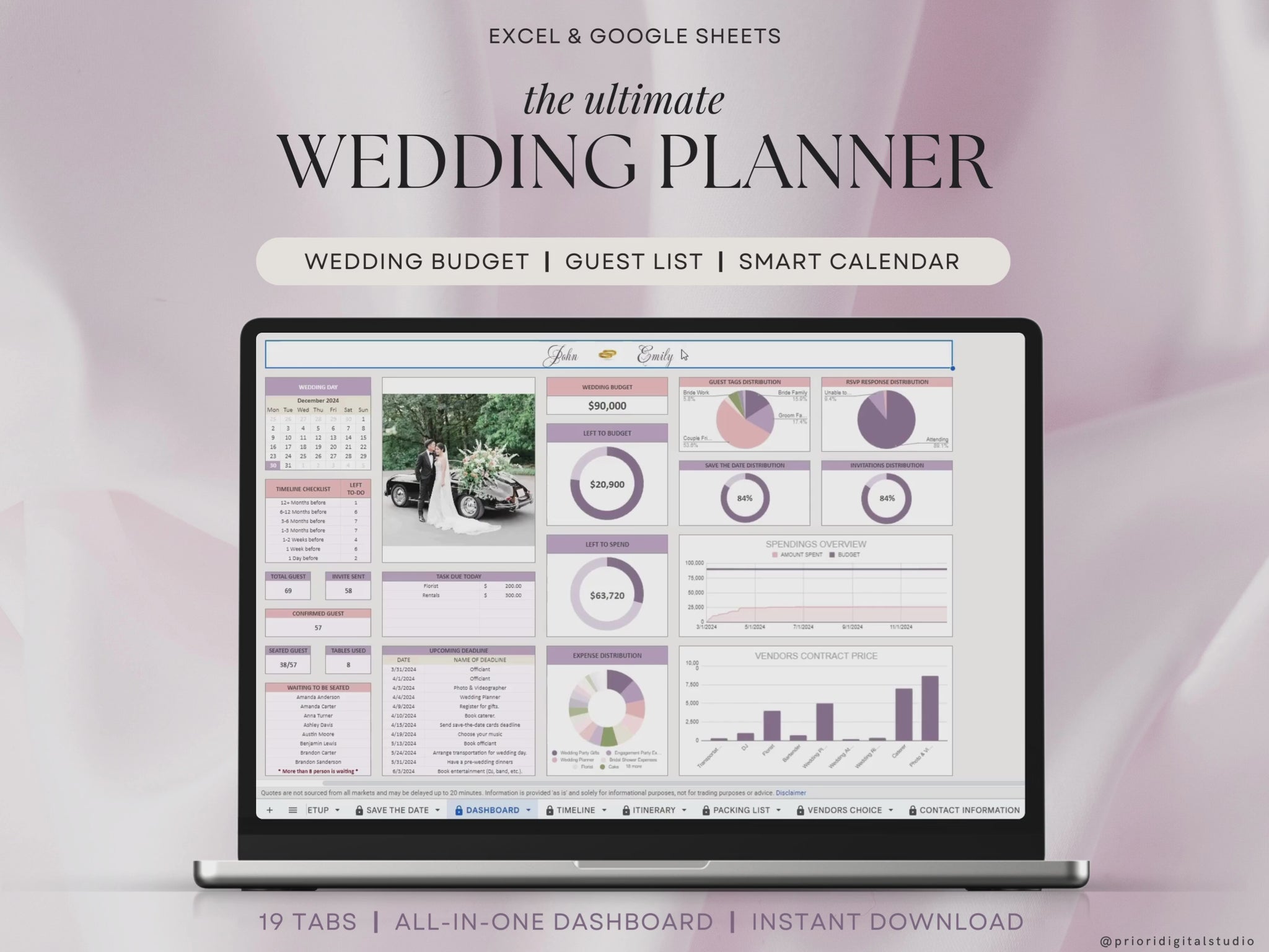 Wedding Planner Spreadsheet Wedding Budget Tracker Wedding Timeline Checklist Guest List Tracker Wedding Itinerary Seating Plan Wedding Gift Lavender Excel Google Sheets