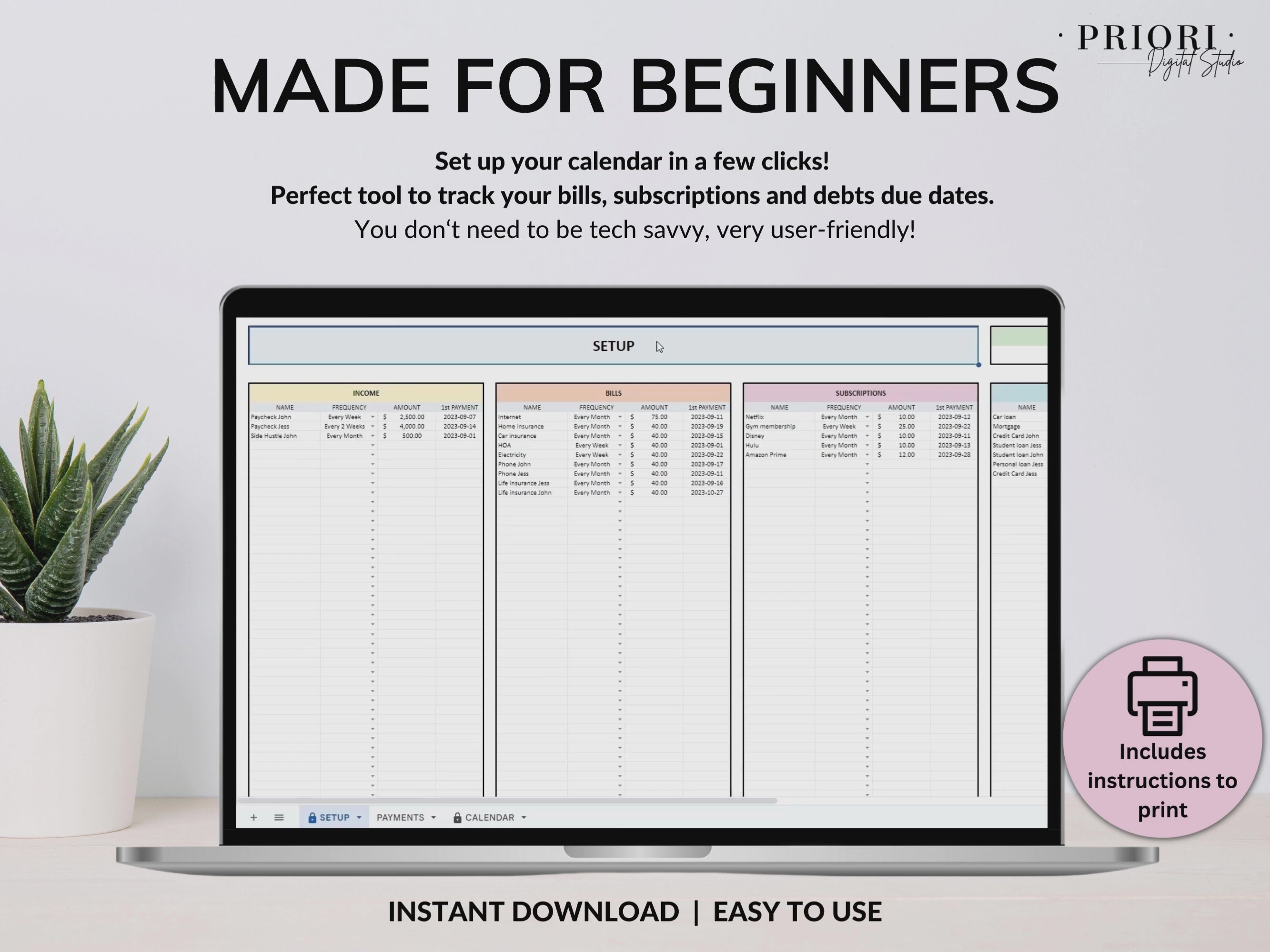 Bill Tracker Spreadsheet Google Sheets Excel Bill Calendar Monthly Smart Bill Planner Editable 2025 Calendar Budget Calendar Budget Tracker#color_multicolor