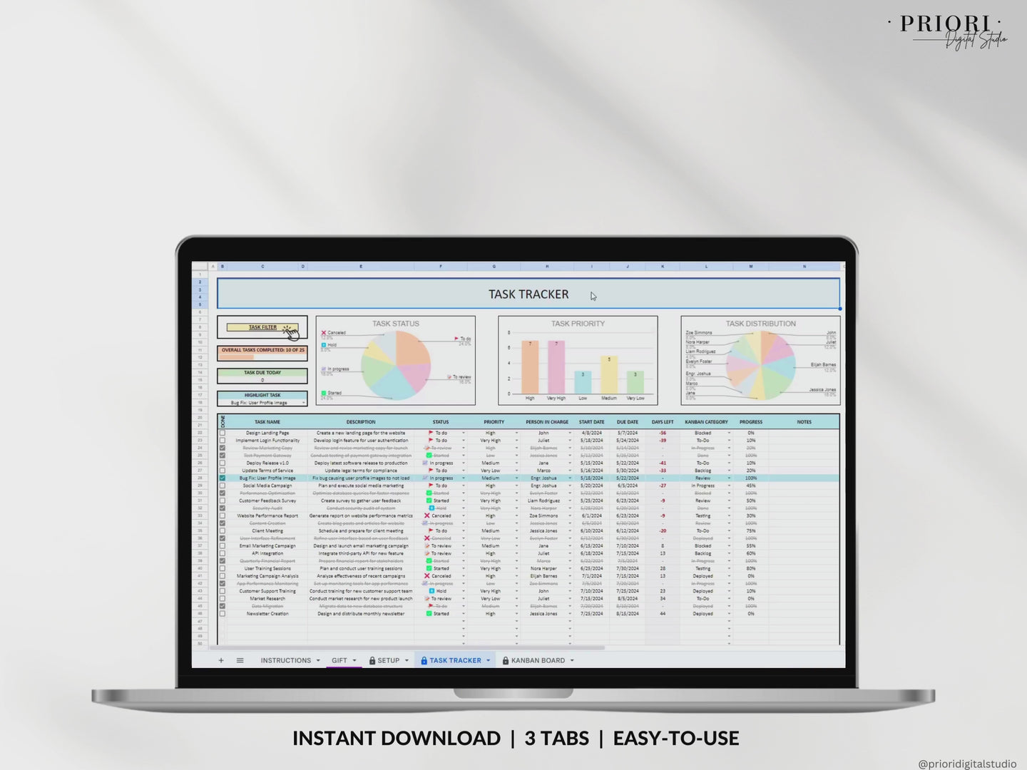 Kanban Board w/ Task Tracker for Small Business Project Planning To-Do List Project Template Task Checklist Small Business Planner Excel Google Sheets