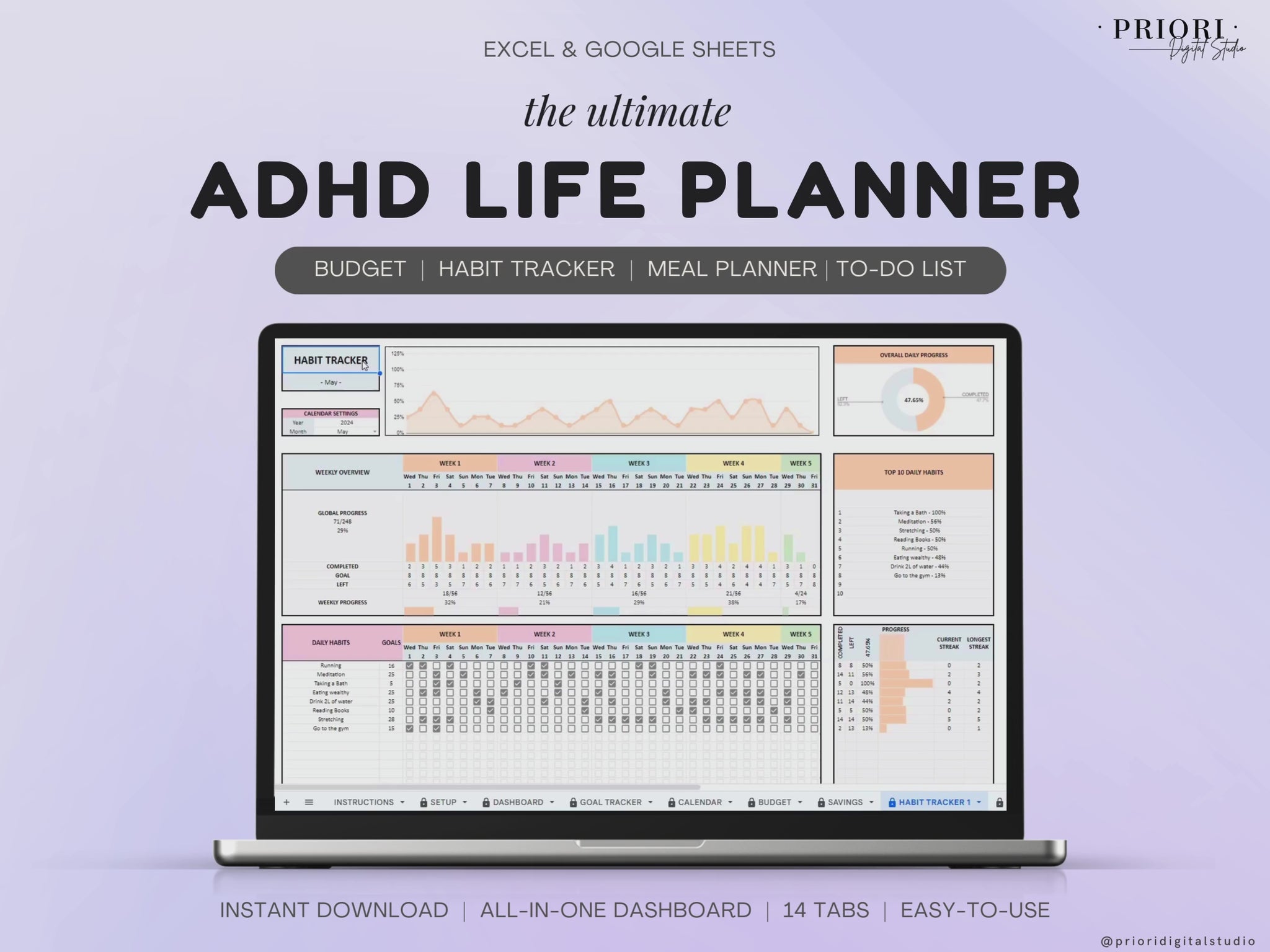 ADHD Life Planner ADHD Digital Organizer Planner Budget Tracker Meal Planner Spreadsheet Template 2024 Calendar To Do List Savings Tracker Excel Google Sheets