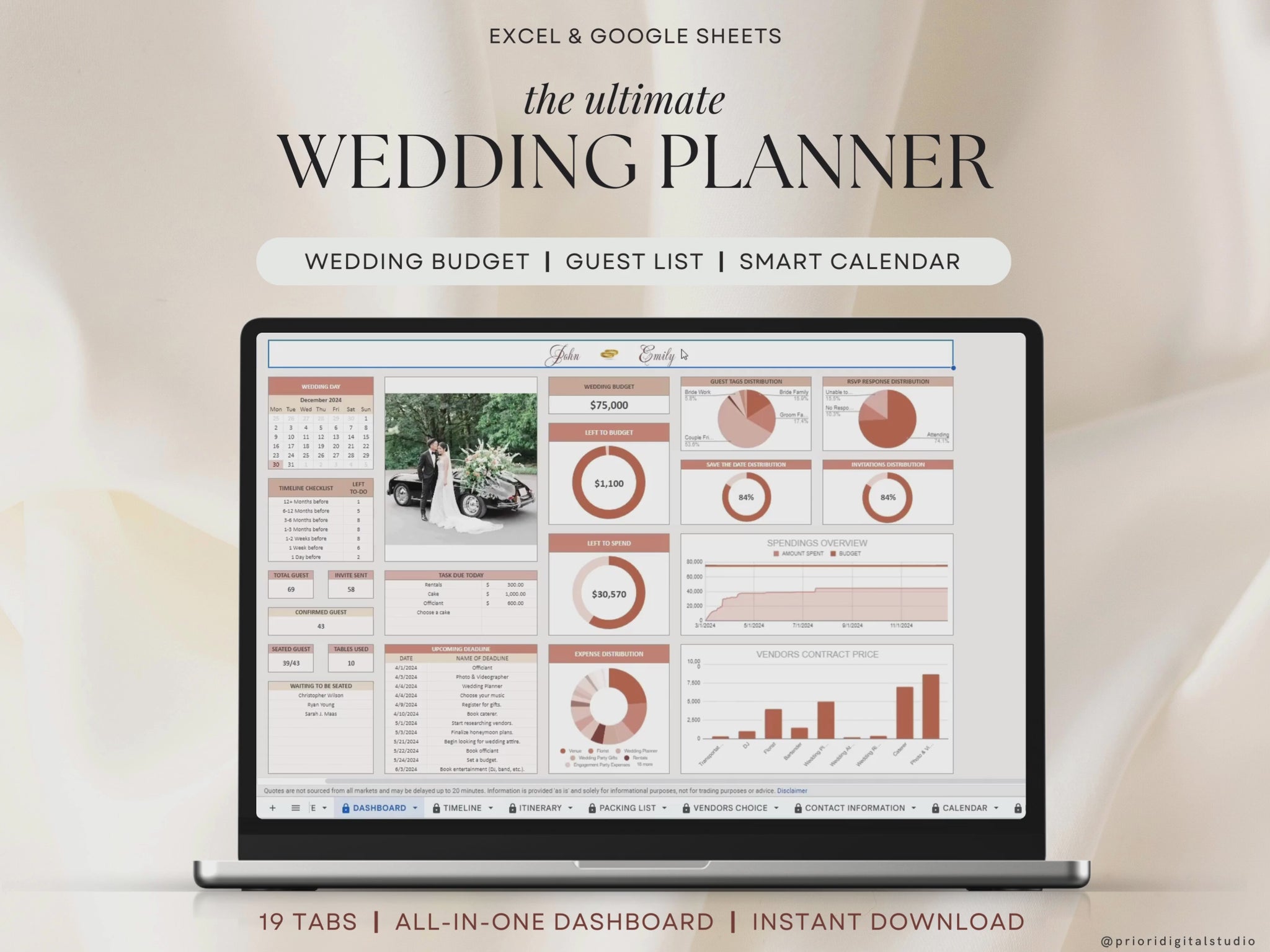 Wedding Planner Spreadsheet Wedding Budget Tracker Wedding Timeline Checklist Guest List Tracker Wedding Itinerary Seating Plan Wedding Gift Terracotta Excel Google Sheets