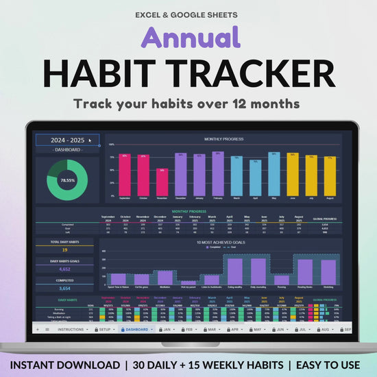 Yearly Habit Tracker Spreadsheet Google Sheets Excel Daily Habit Planner Weekly ADHD Planner Routine Planner Dark Mode Annual Habit Tracker