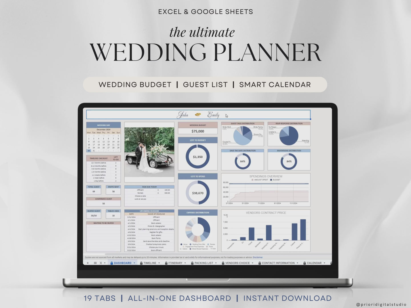 Wedding Planner Spreadsheet Wedding Budget Tracker Wedding Timeline Checklist Guest List Tracker Wedding Itinerary Seating Plan Wedding Gift Blue Excel Google Sheets